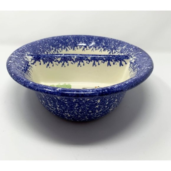 MOLLY DALLAS ROUND DIVIDED VEGETABLE BOWL ~ Pig Cow Blue Spatterware Farmhouse - Picture 6 of 10